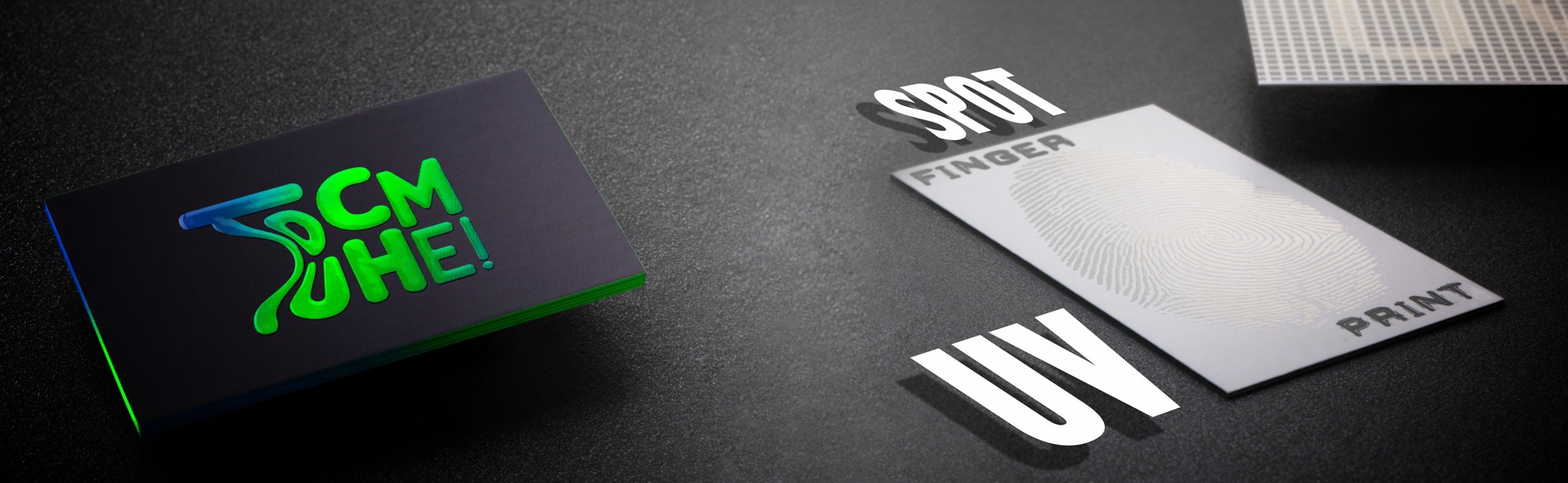 Close view of glossy Spot UV applied to selected business-card details