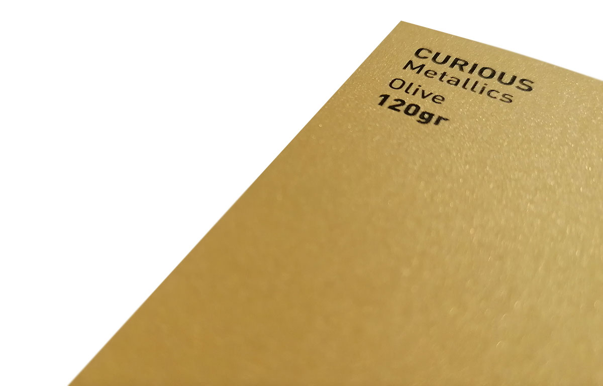 Olive Curious Metallics paper swatch showing a pearlescent surface