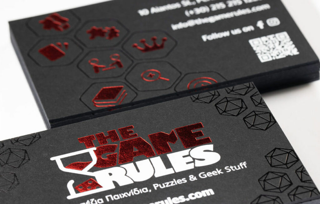Game Rules card with red, white and tone-on-tone black foil
