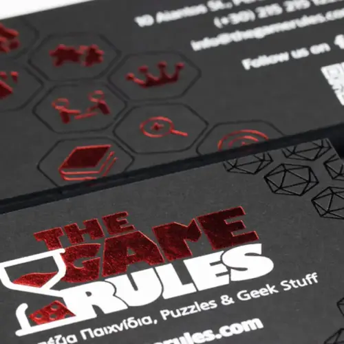 Game Rules card with red, white and tone-on-tone black foil
