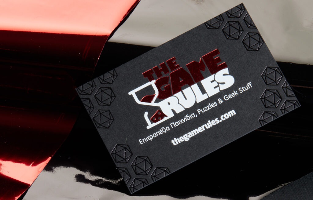Game Rules black card with red, white and glossy black hot foil