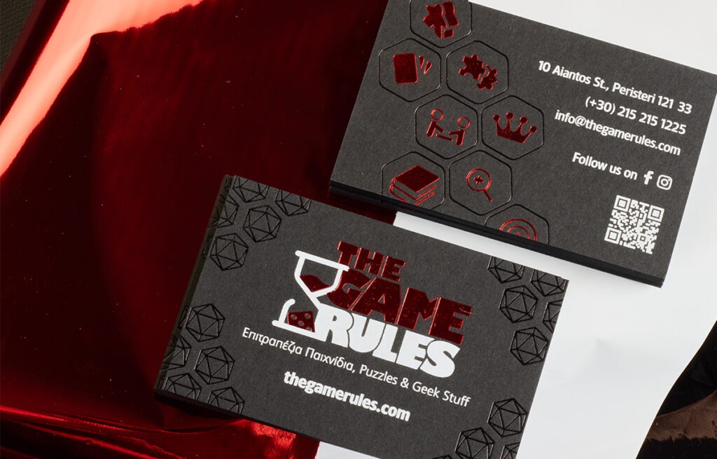Front and reverse of Game Rules cards with three registered foil colours