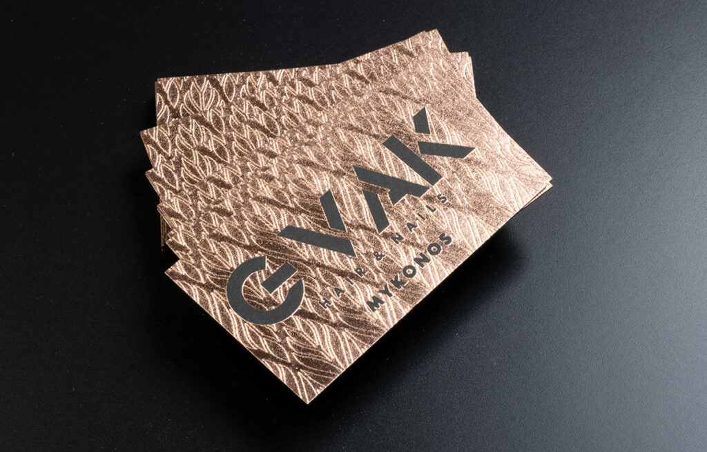 GVAK Mykonos rose-gold foiled card with blind patterned impression