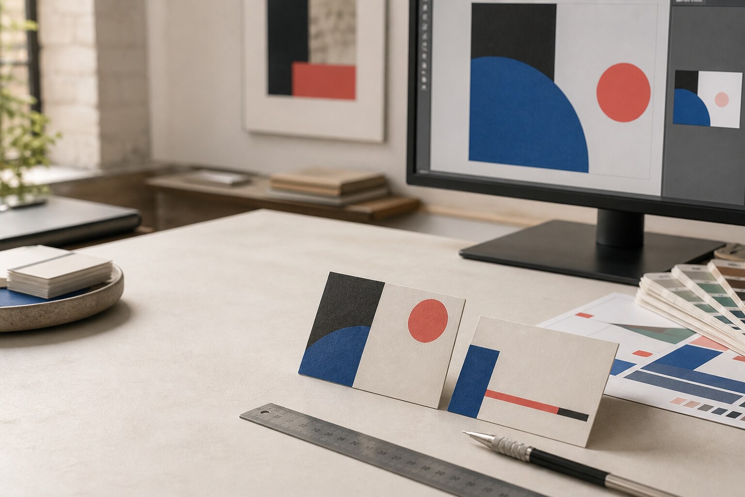 Preparing an AI-assisted business-card design for print AI business card design prompts shown with full-colour proofs, a design screen and precision ruler
