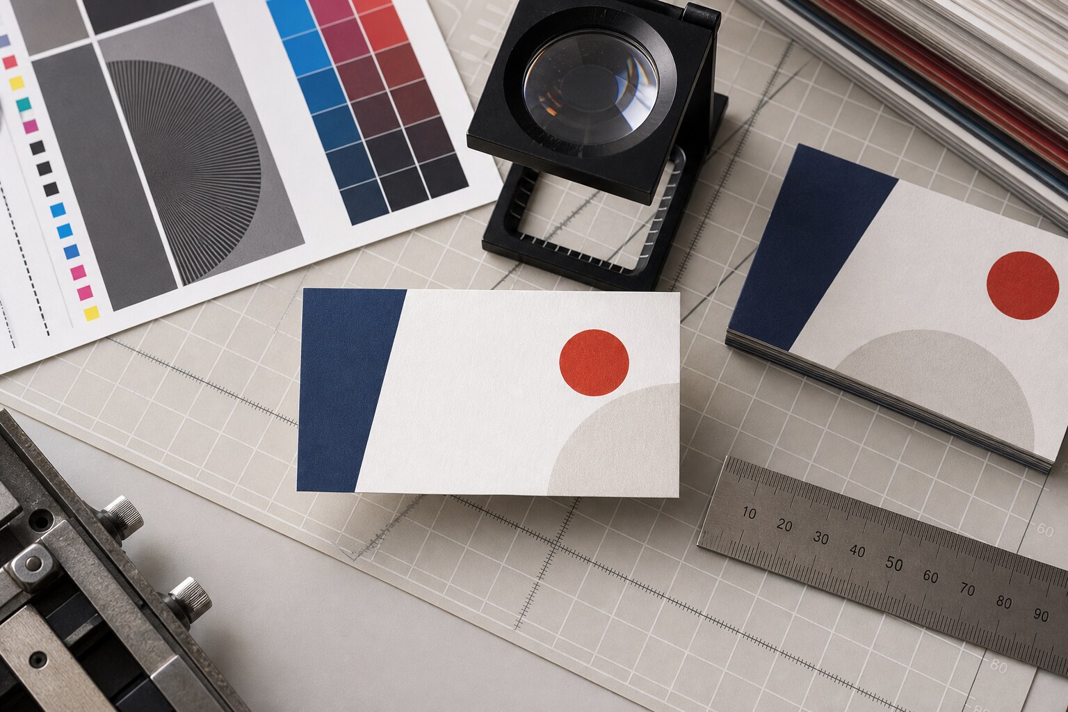 Checking a business-card proof at physical size Full-colour card proof beside a metric ruler, loupe and printed colour patches