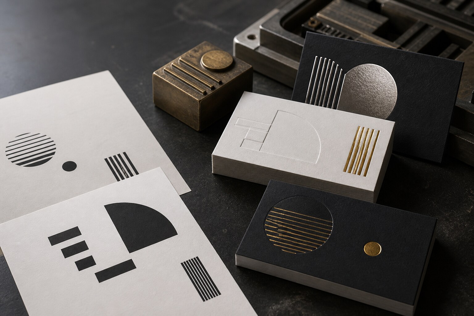 AI luxury business-card concept and production artwork Luxury business-card concept beside separate monochrome production artwork and a brass foil die