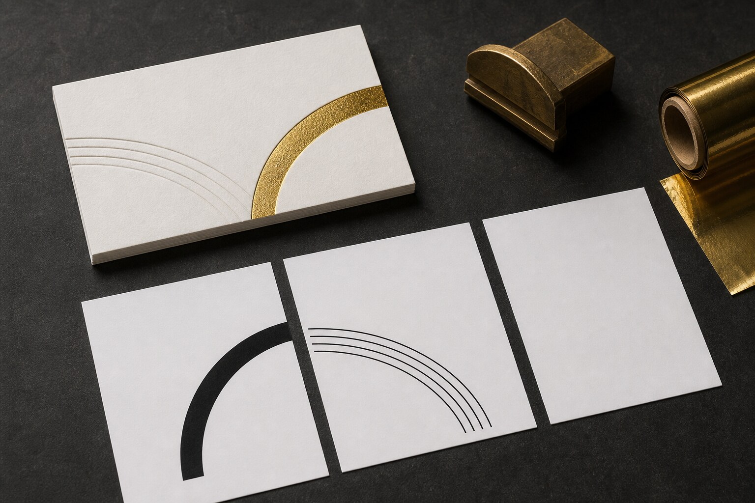 Separate artwork for foil and blind impression Finished foil and blind-impression card beside separate monochrome production maps
