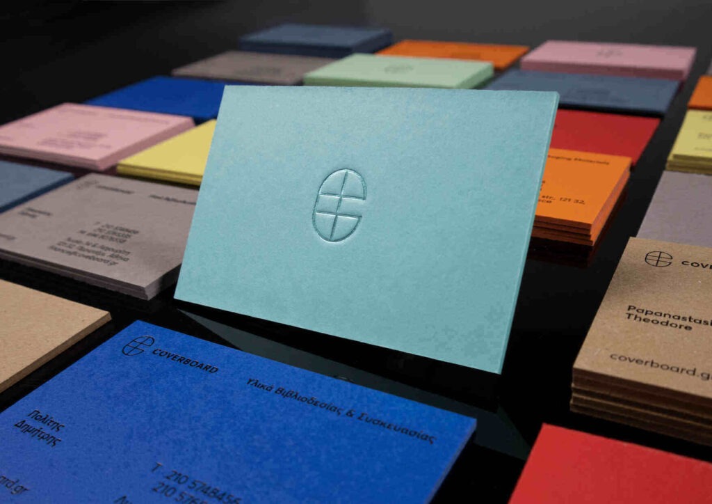 Collection of ultra-thick coloured ESKA board business cards made for Coverboard