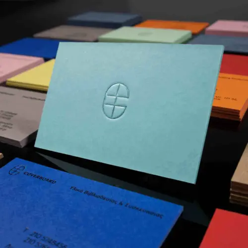 Collection of ultra-thick coloured ESKA board business cards made for Coverboard