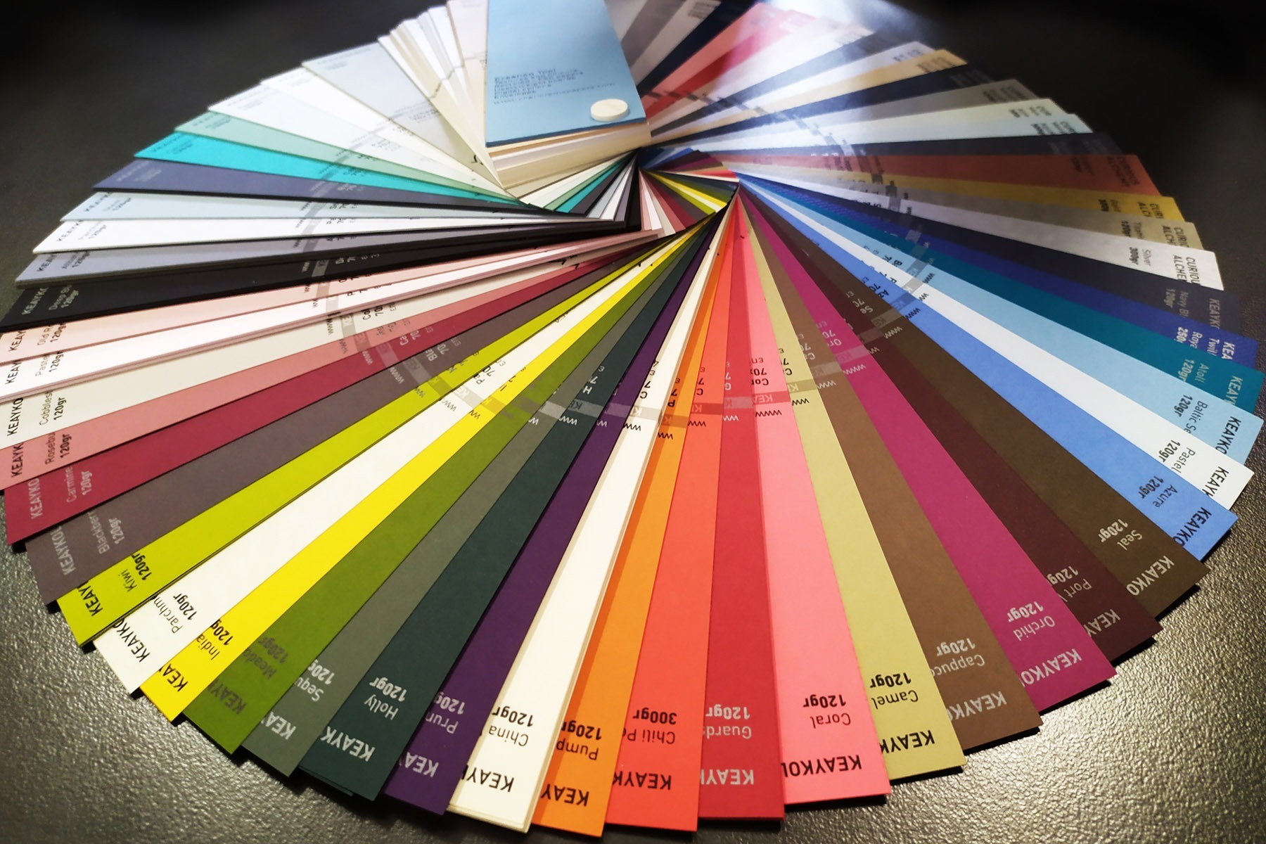 Physical Keaykolour paper swatch fan showing pale, bright, natural and deep colours